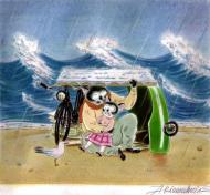 Peinture originale par ARINOUCHKINE Chat, plage sous la pluie